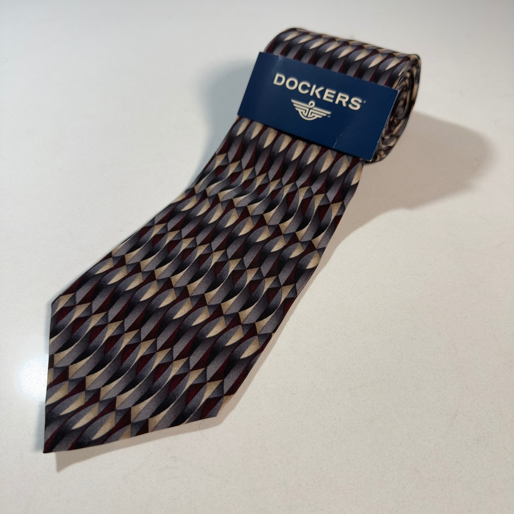 Dockers Necktie Mens OS Grey Tan NEW Vintage 90s Geometric Silk Casual Lifestyle